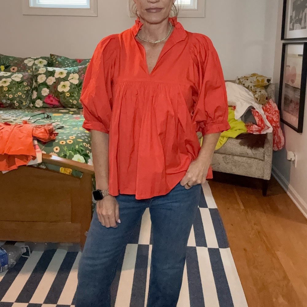 Chic Orange Women's Blouse with Puff Sleeves